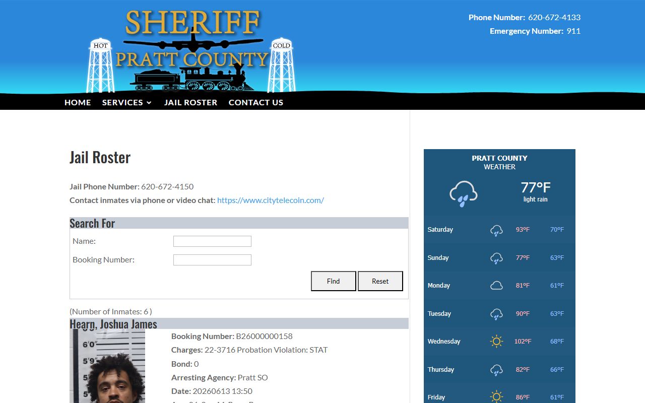 Pratt County jail roster inmate population search fields