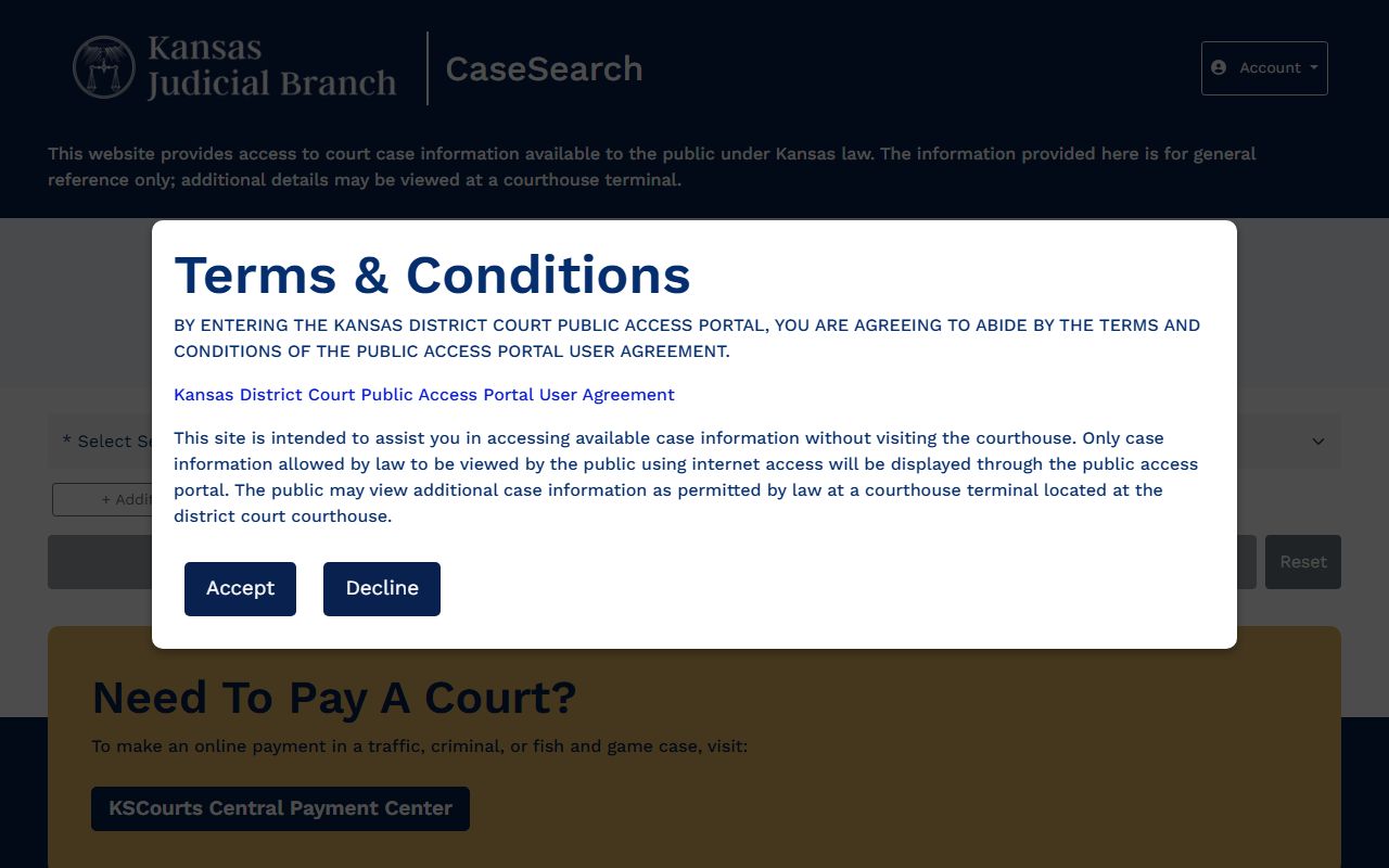 Kansas CaseSearch district court records search landing page